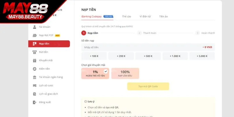 Nạp tiền qua chuyển khoản