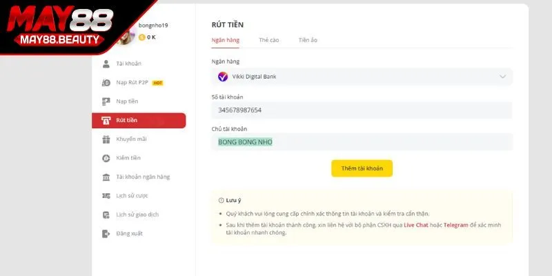 Nhập thông tin rút tiền MAY88